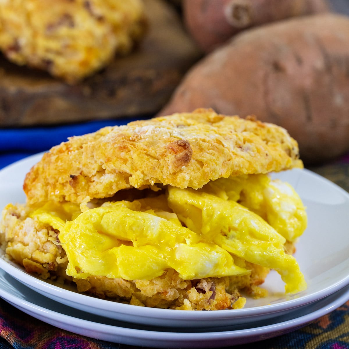 Sweet Potato Bacon Biscuit stuffed with scrambled egg.