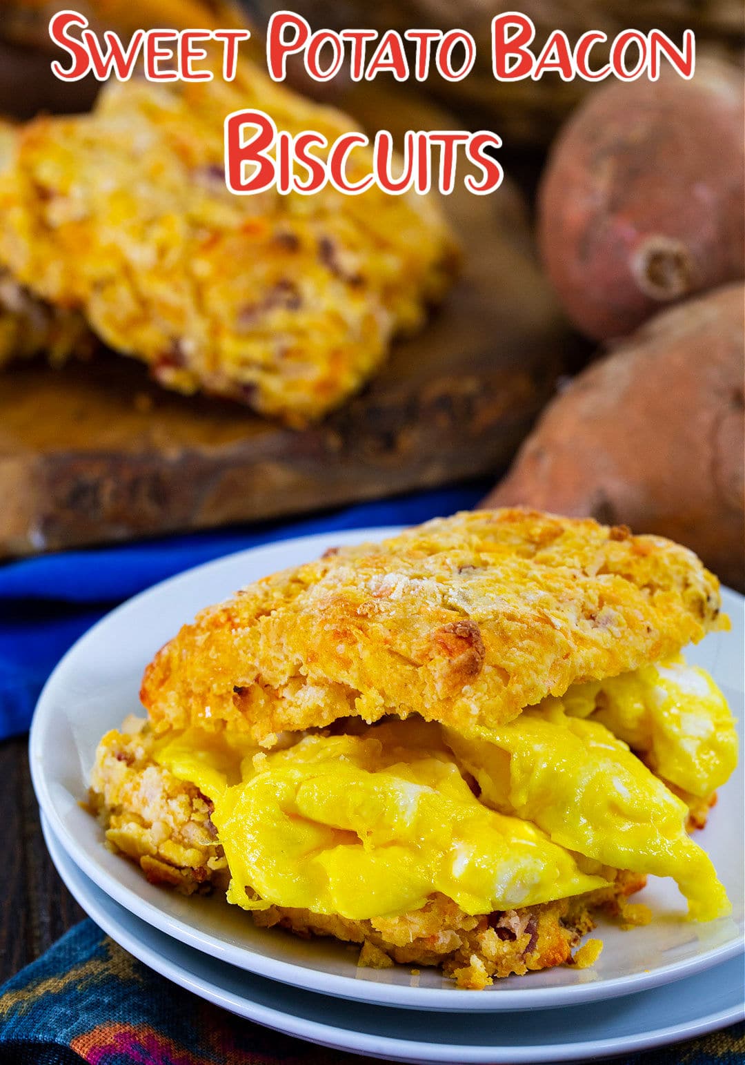 Sweet Potato Bacon Biscuits with Cheddar on a plate.