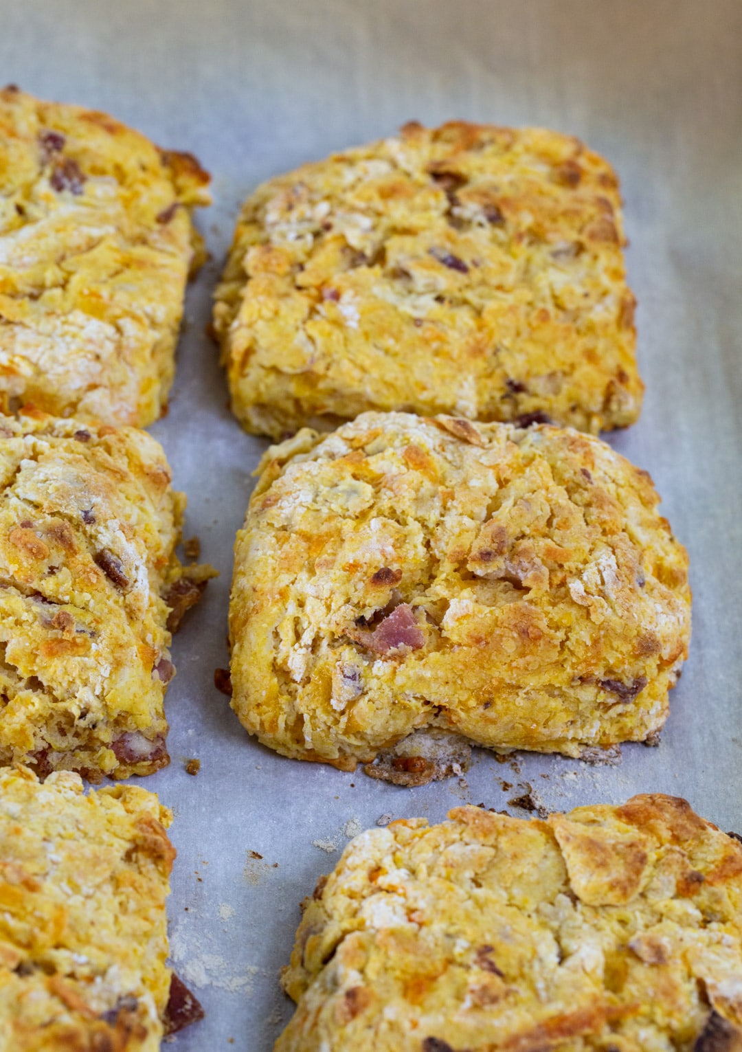 Sweet Potato Bacon Biscuits on a baking sheet.