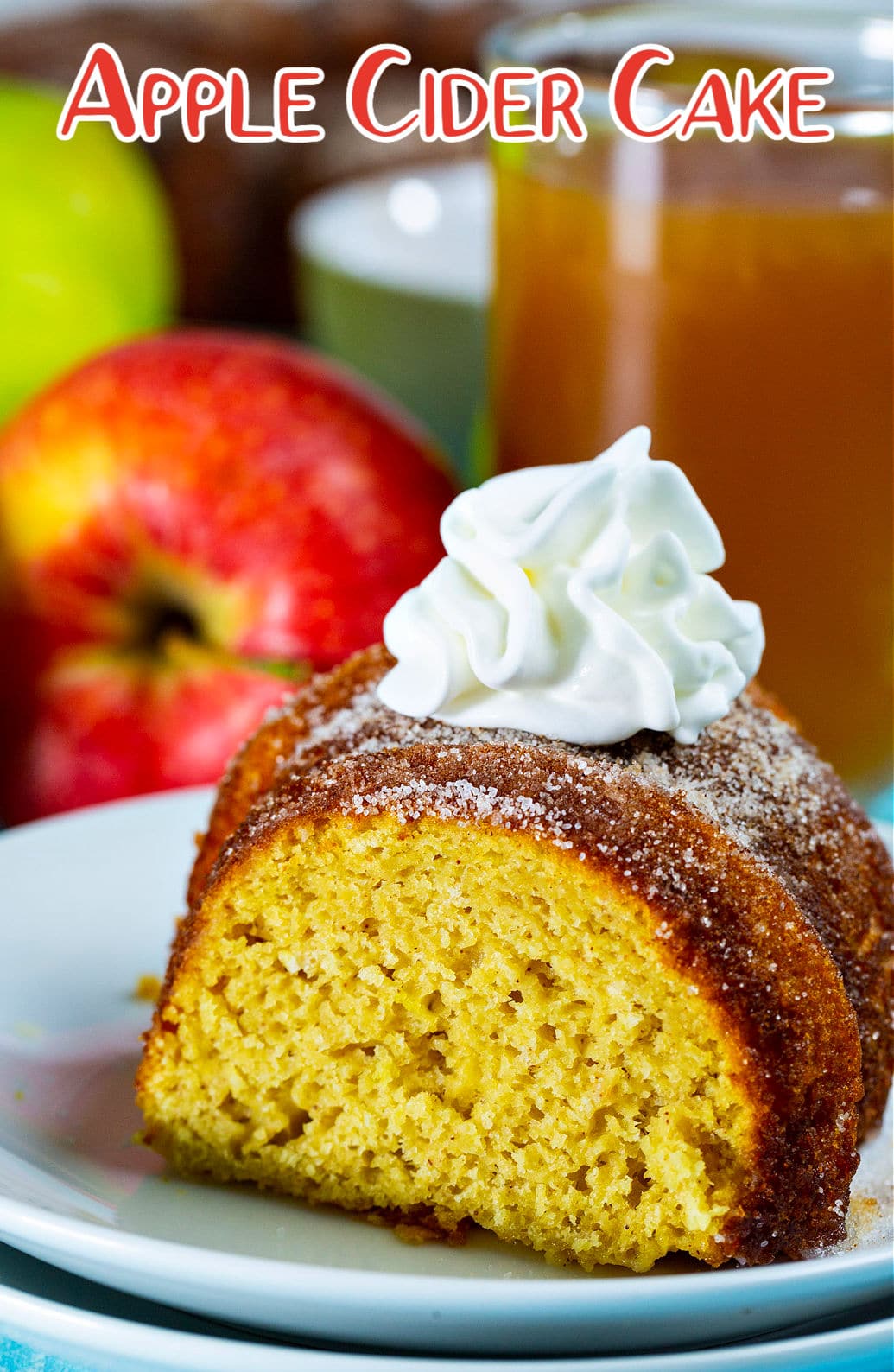 Slice of Apple Cider Cake on a plate.