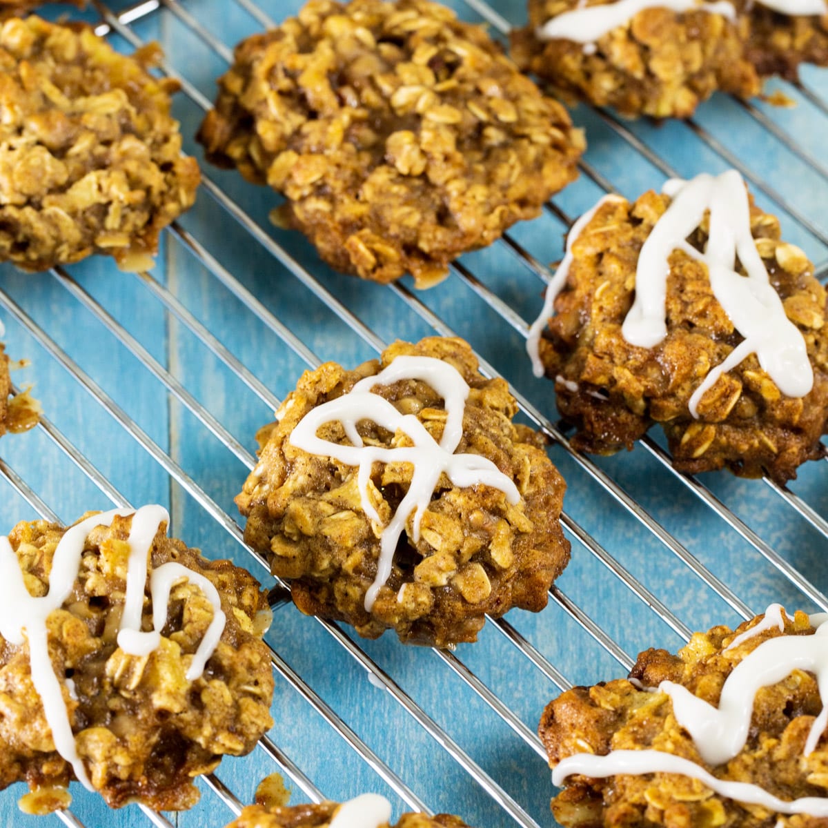 Apple Toffee Oatmeal Cookies on a wire cooling rack.