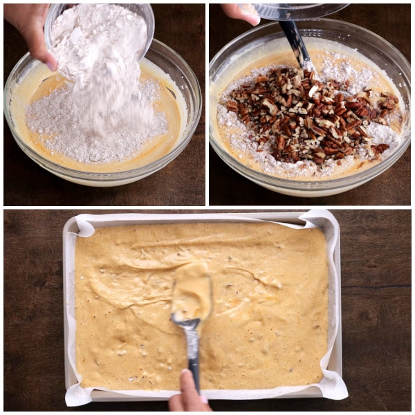 Mixing the batter and spreading in pan.