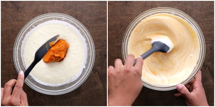 Mixing the pumpkin in.