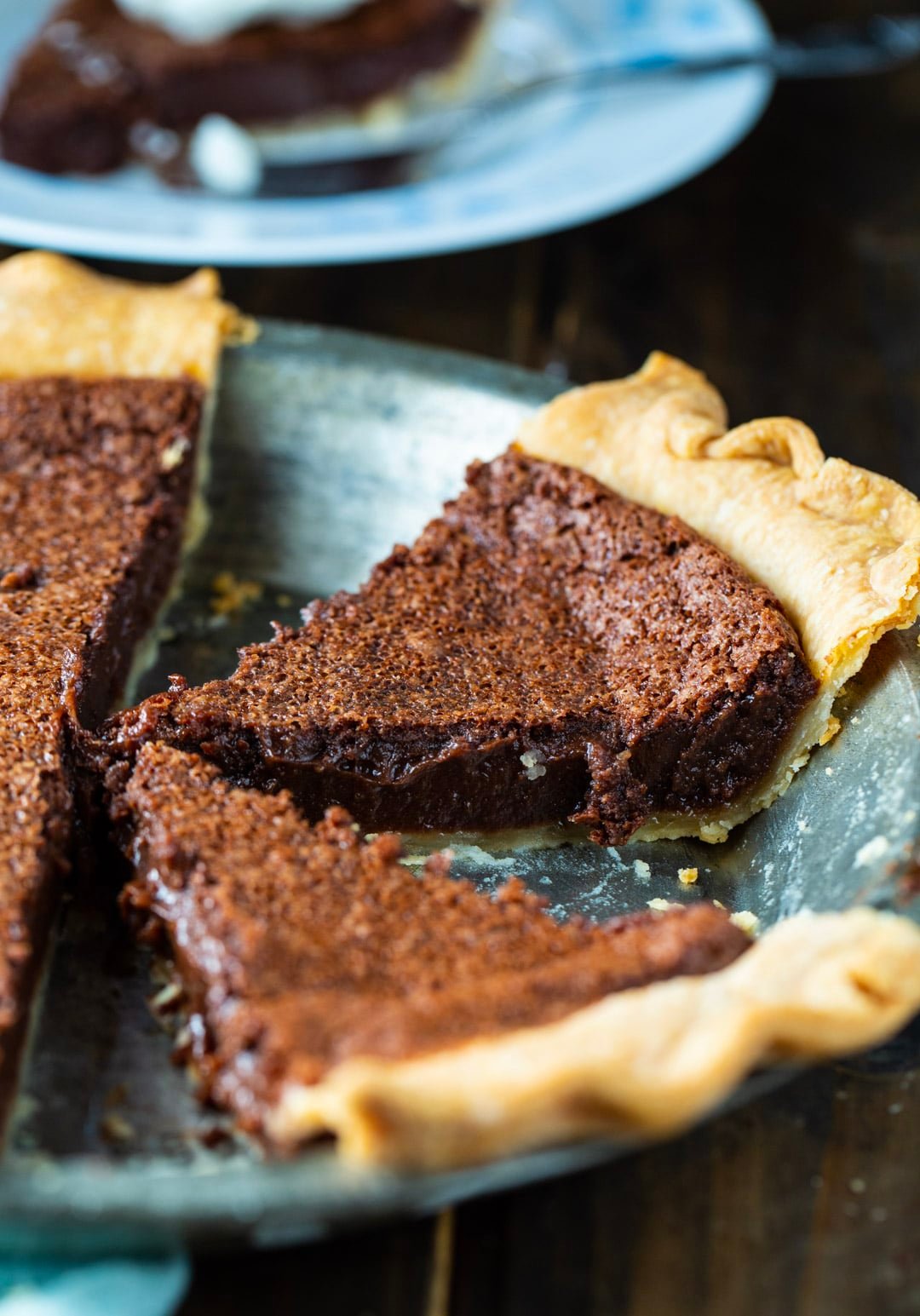 Chocolate Chess Pie in metal pie tin.