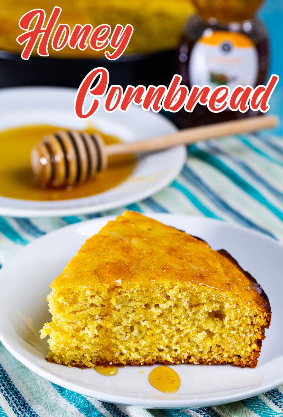 Slice of cornbread on a plate and plate with honey on it.