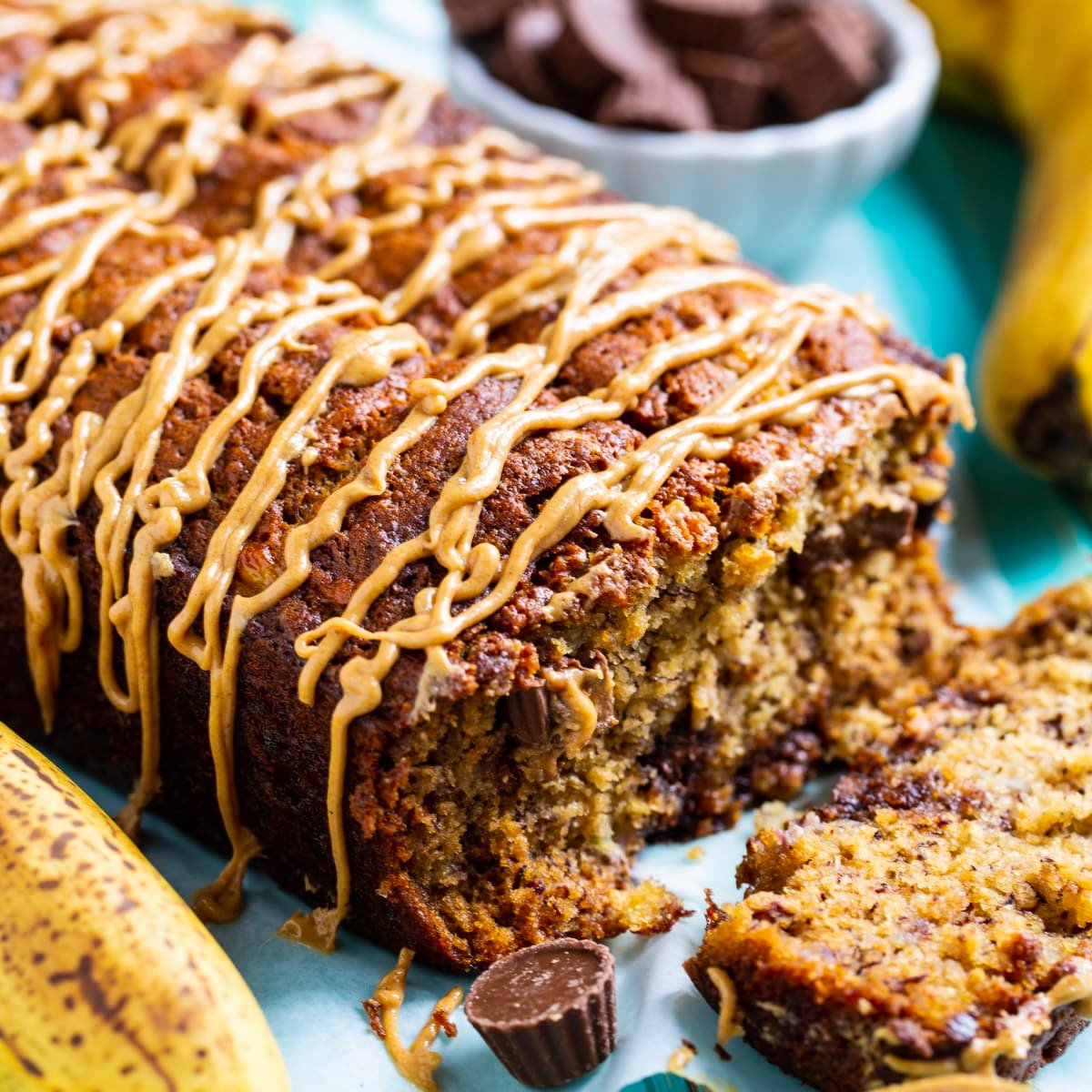 Peanut Butter Cup Banana Bread with slice cut.