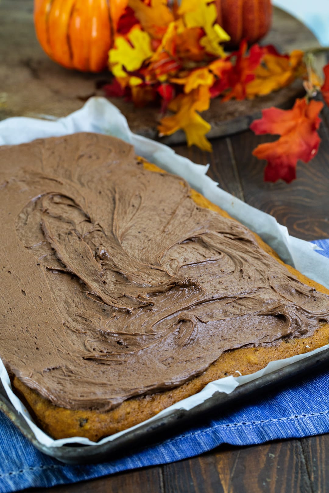 Whole Pumpkin Sheet Cake topped with Nutella frosting.