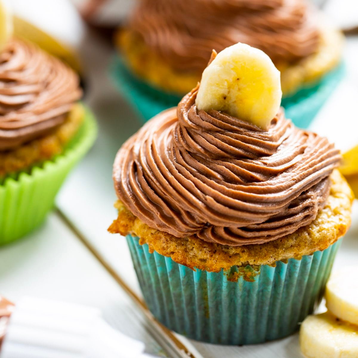 Three Banana Cupcakes with Nutella Frosting.