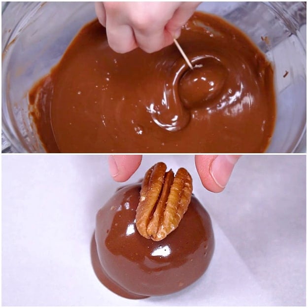 Dipping balls in chocolate.