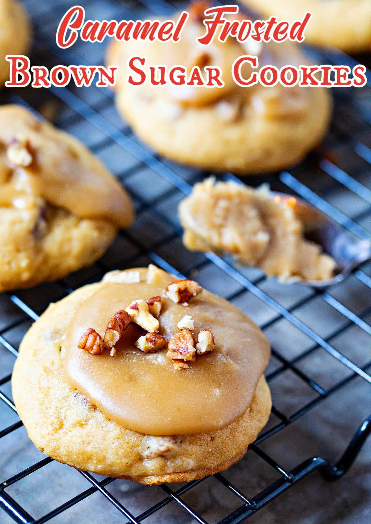Caramel Frosted Brown Suagr Cookies on cooling rack.