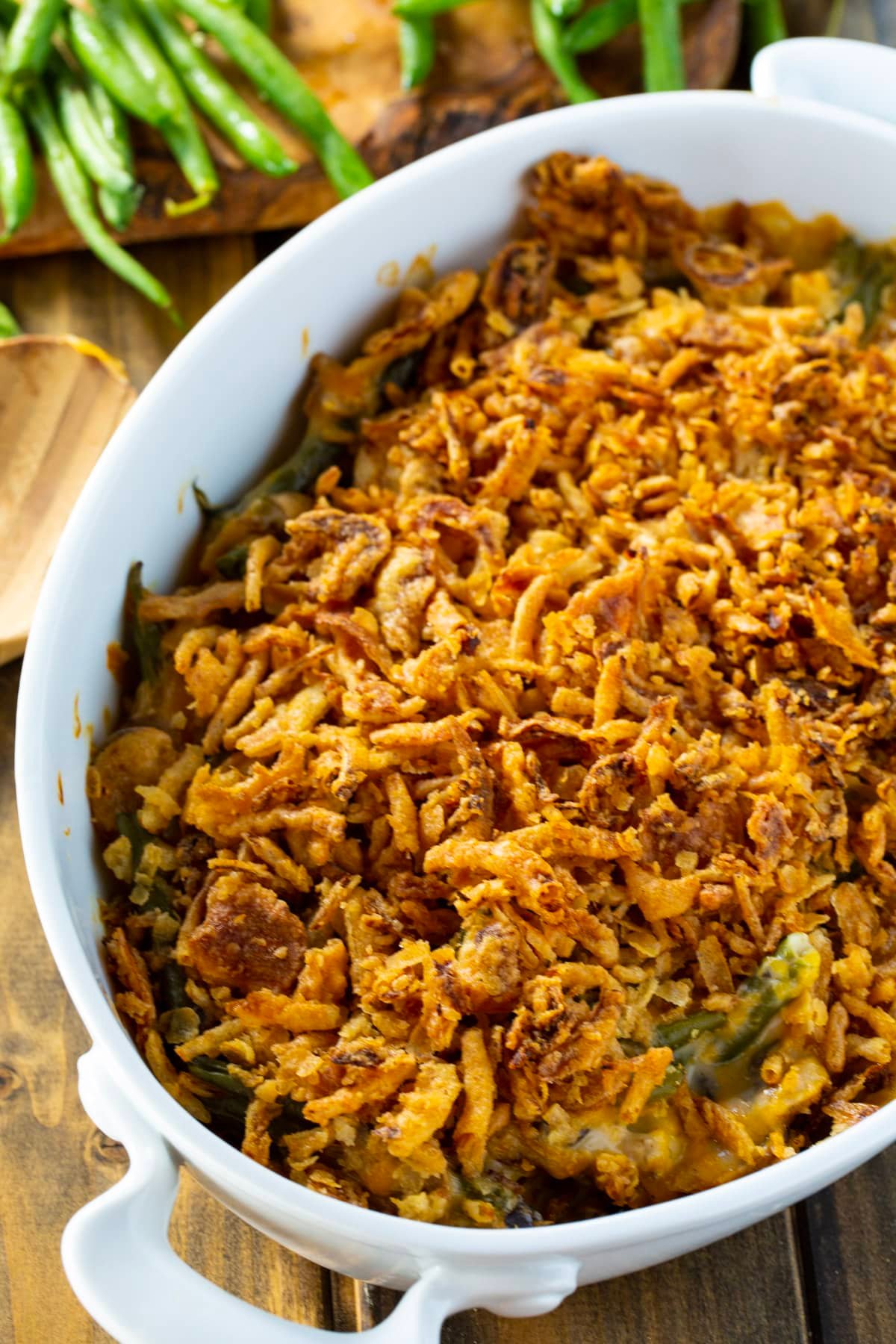 Cheesy Green Bean Casserole in a casserole dish.