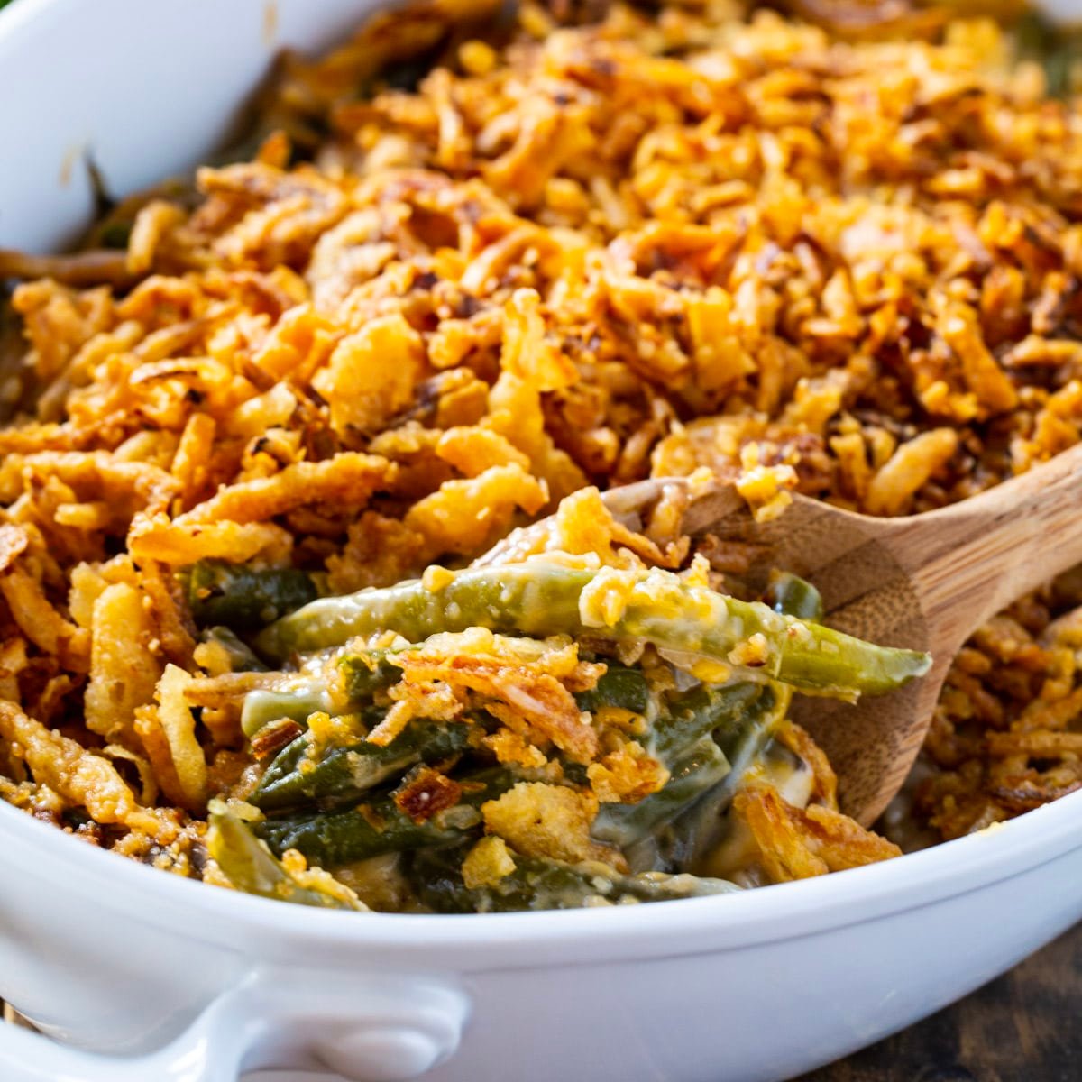 Cheesy Green Bean Casserole in a casserole dish.