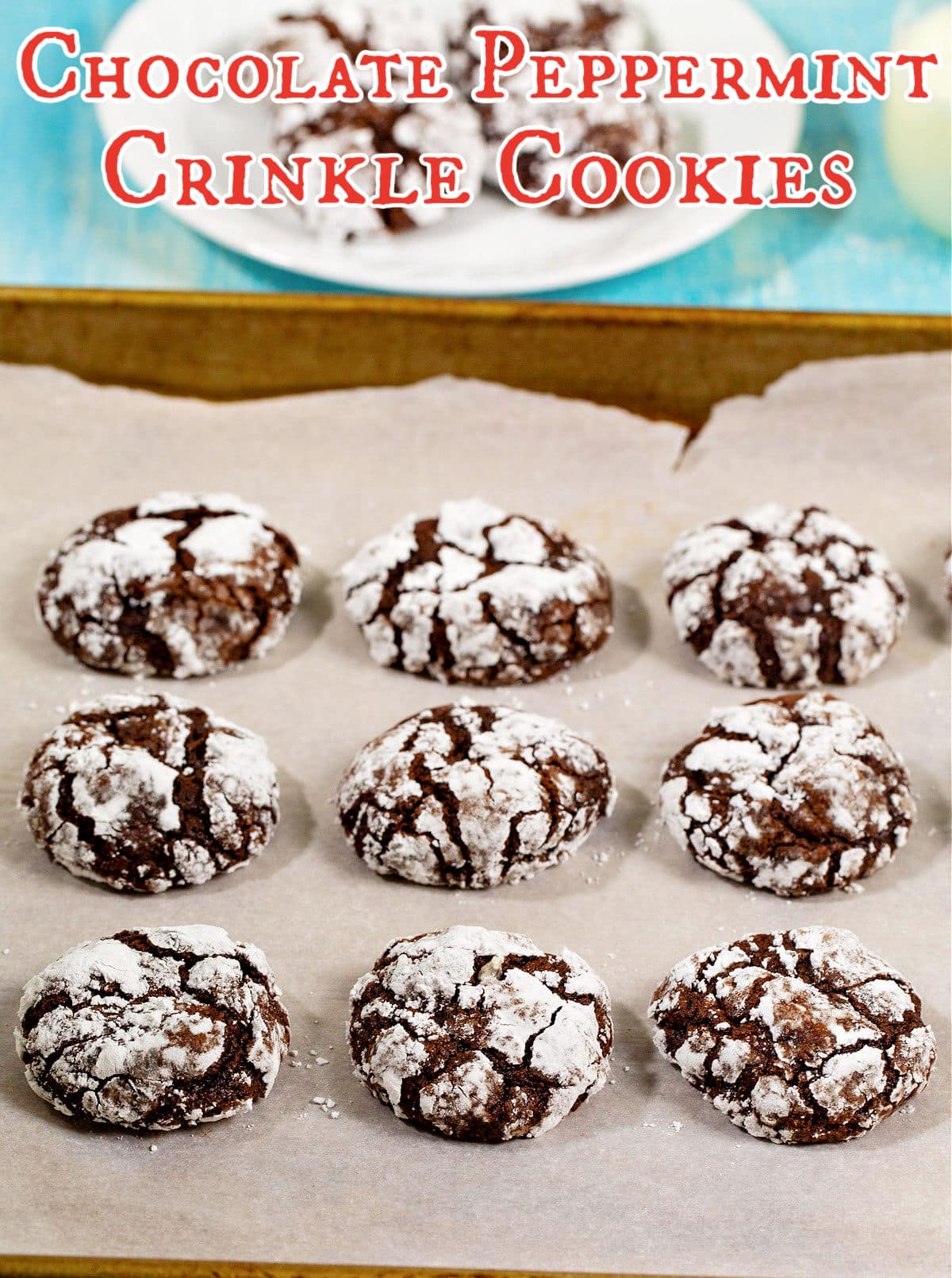 Chocolate Peppermint Crinkle Cookies on baking sheet.