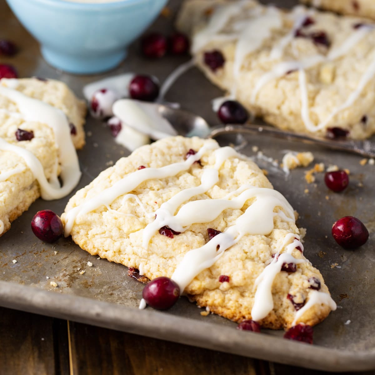 Cranberry-White Chocolate Scones on a baking sheet.