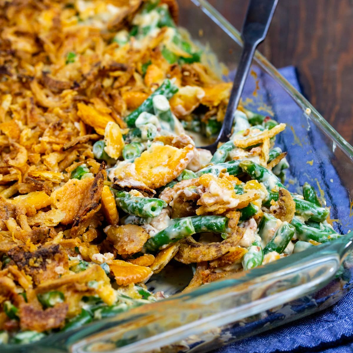 Cream Cheese Bacon Green Bean Casserole in baking dish.