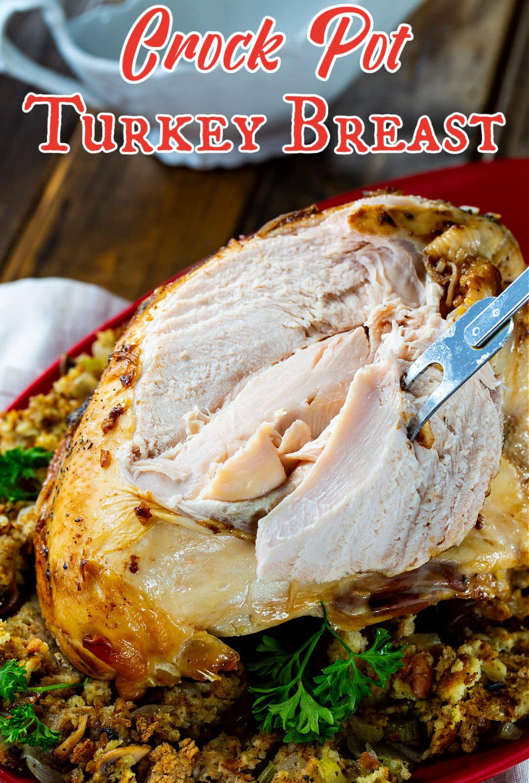 Crock Pot Turkey Breast on a serving platter.