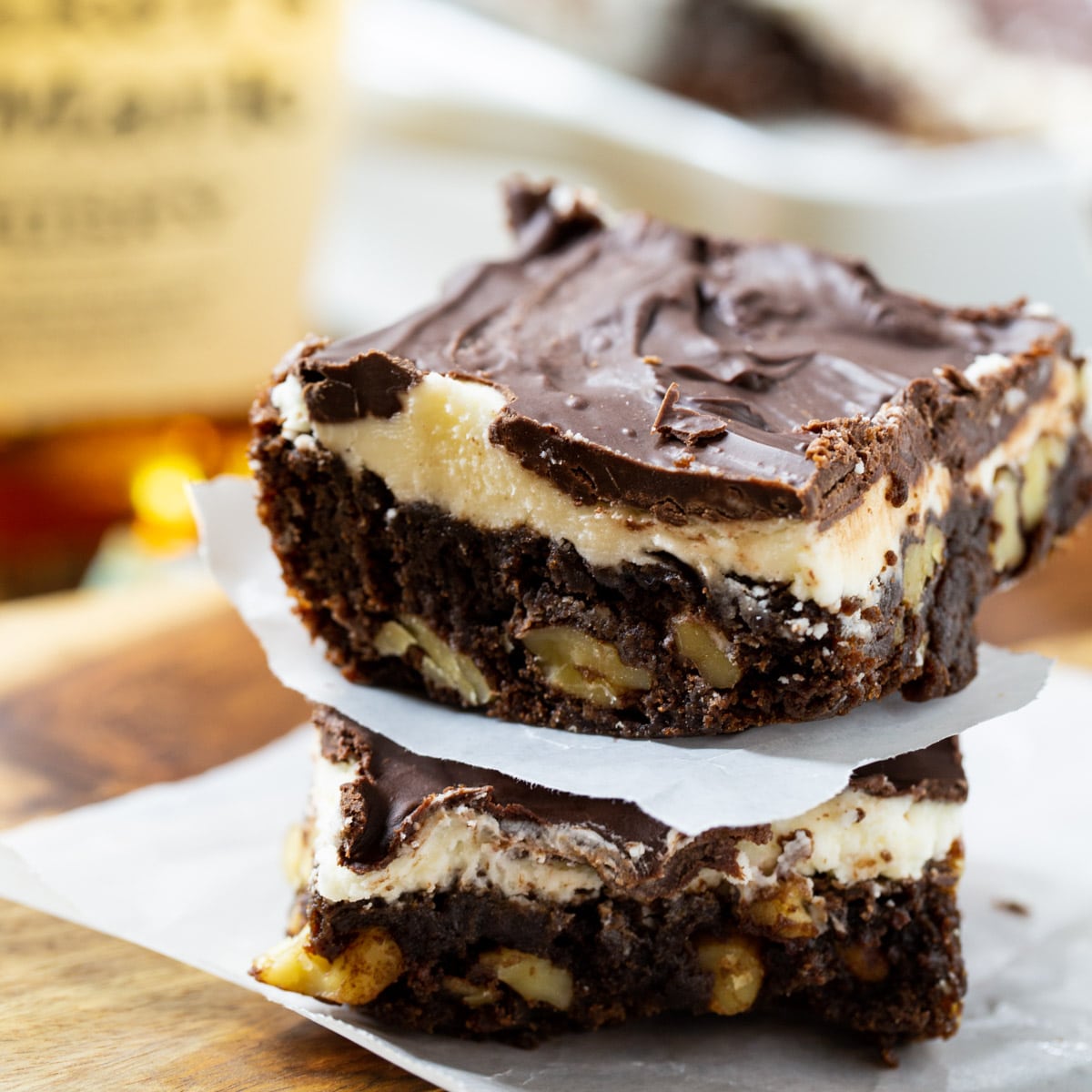 Two brownies stacked on top of each other.