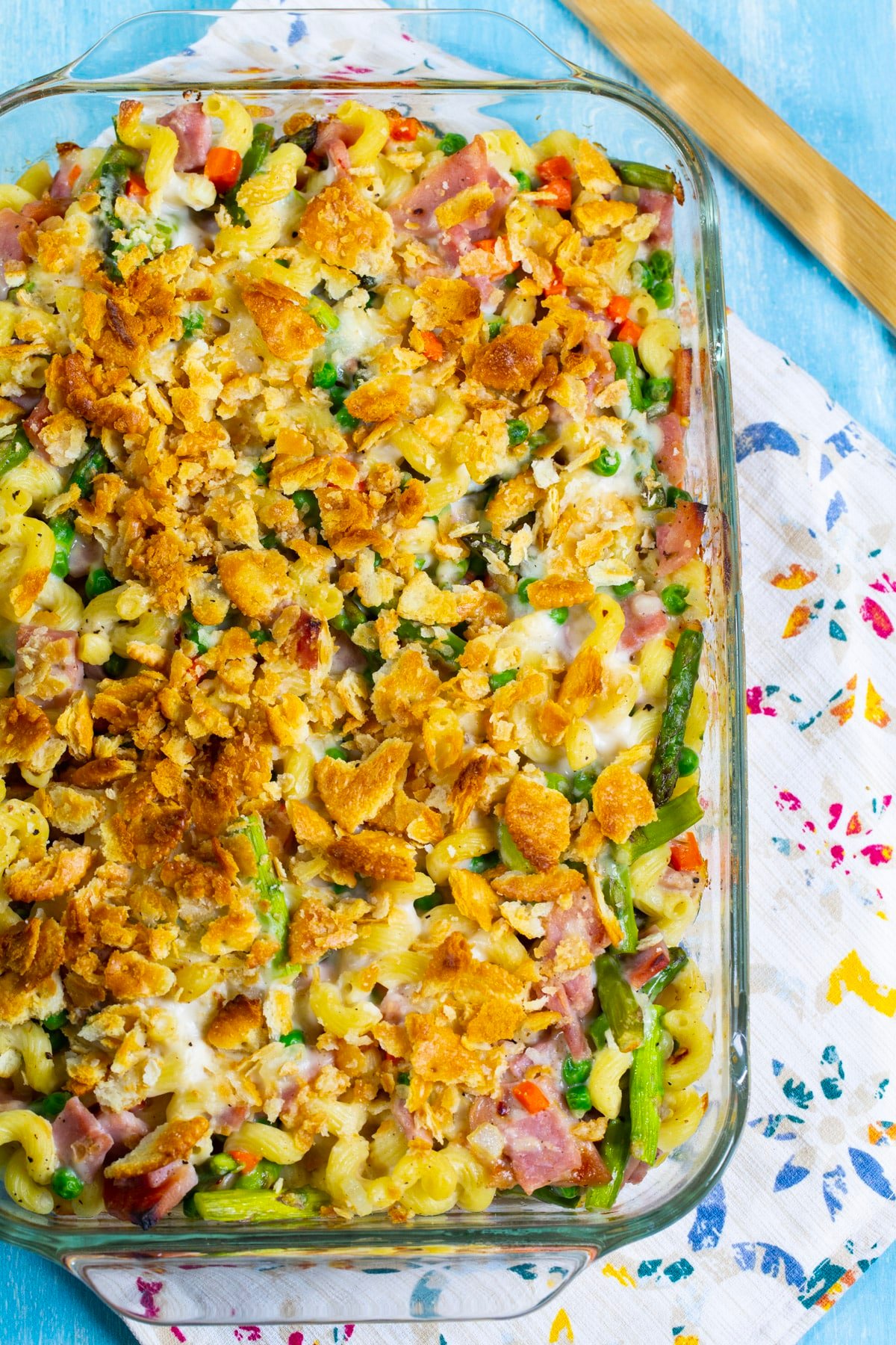 Baked casserole in 9x13-inch baking dish.