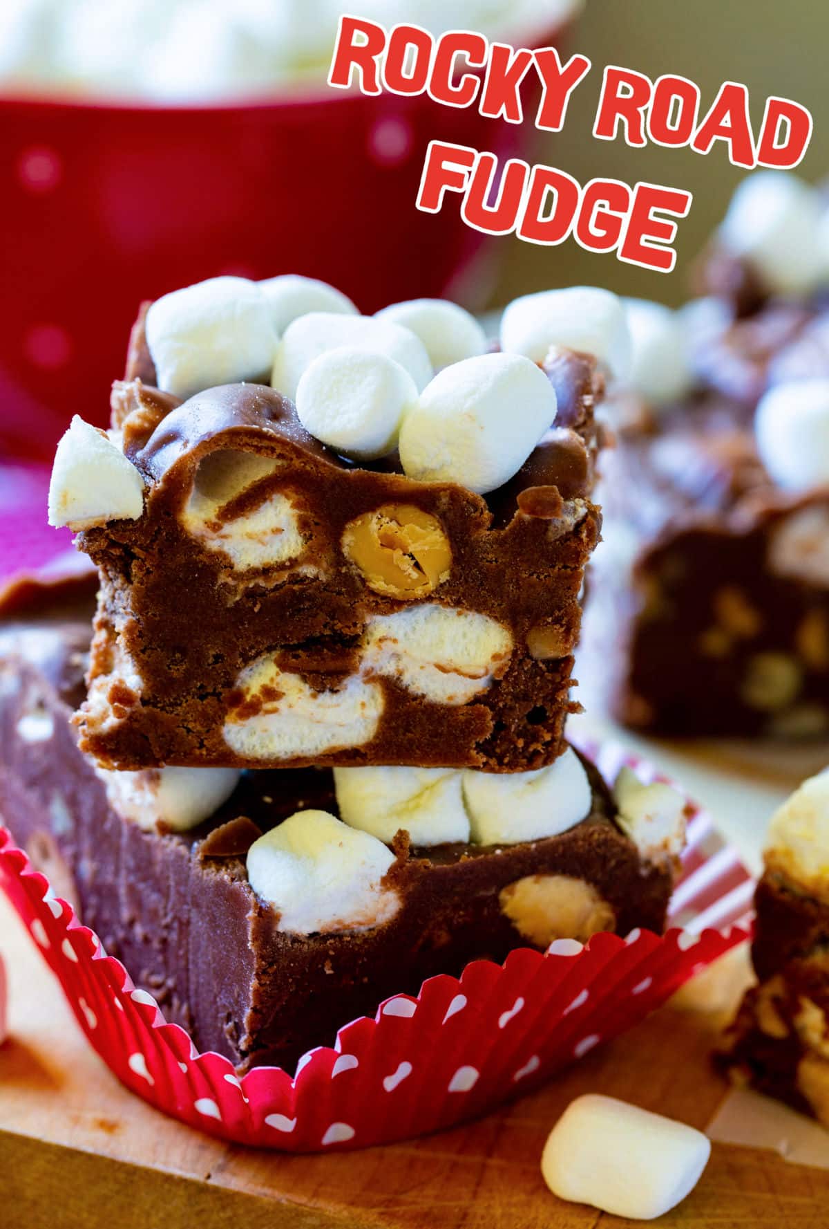 Fudge pieces stacked on top of each other.