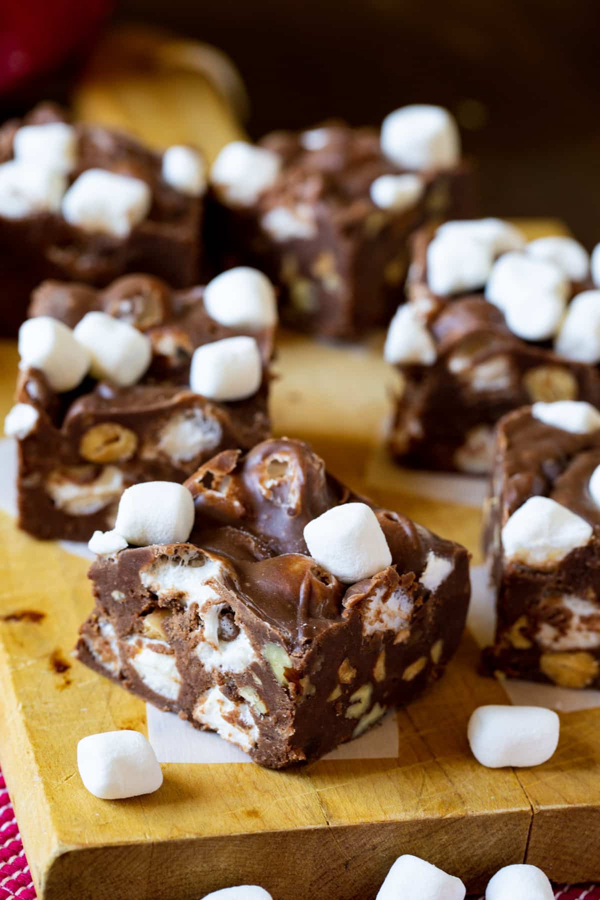 Squares of Rocky Road Fudge on cutting board.
