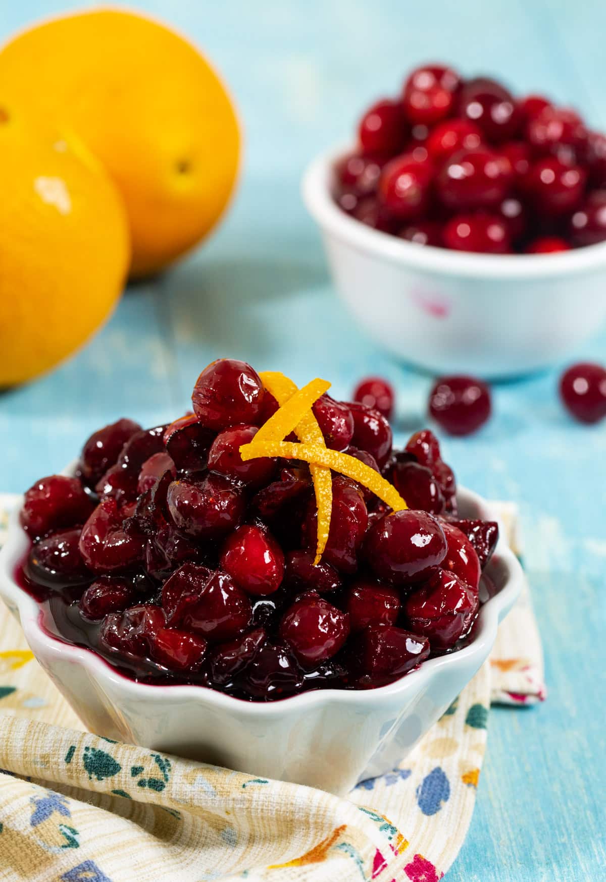 Cranberry Sauce topped with orange rind.