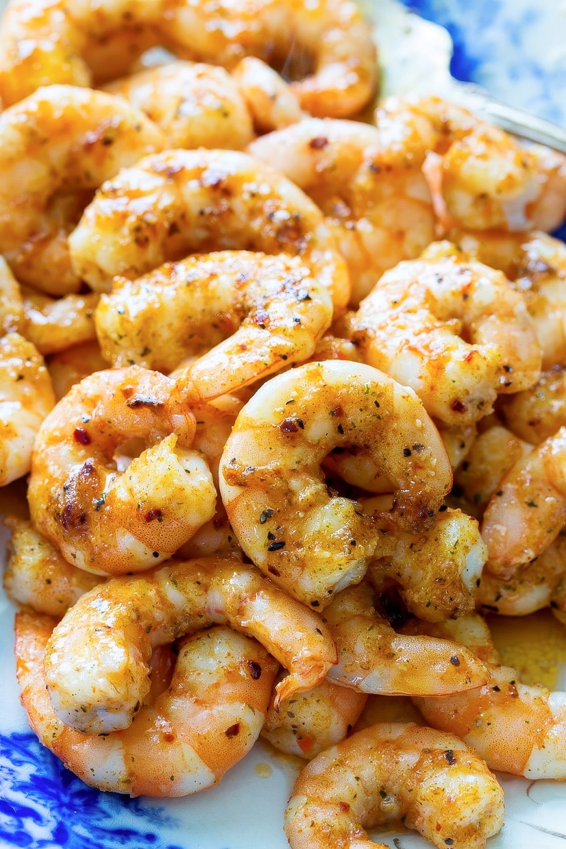 Close-up of Spicy Party Shrimp on a serving platter.