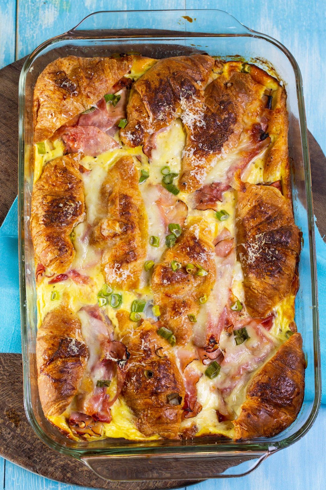 Stuffed Ham and Cheese Croissant Casserole in baking dish.
