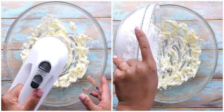 Mixing butter and powdered sugar.