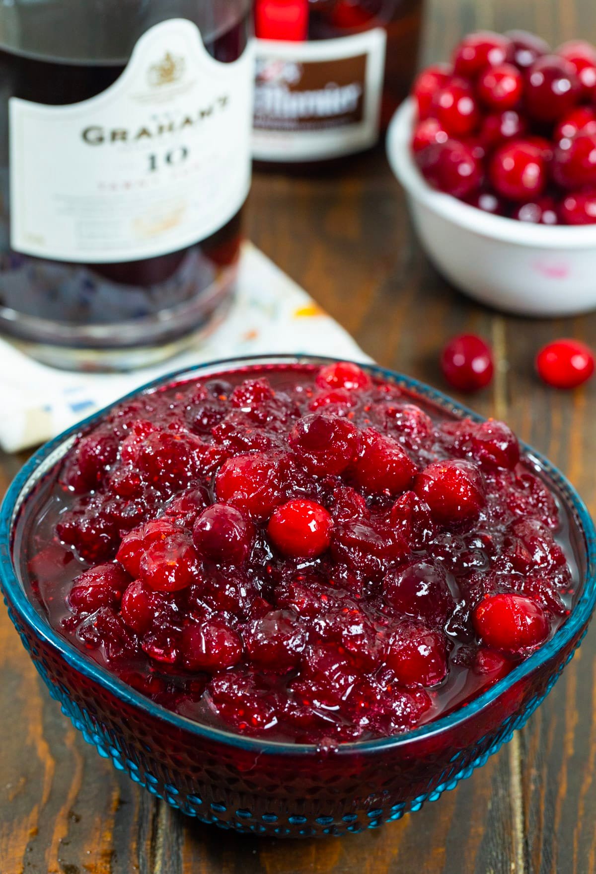 Boozy Cranberry Sauce  and bottle of port.