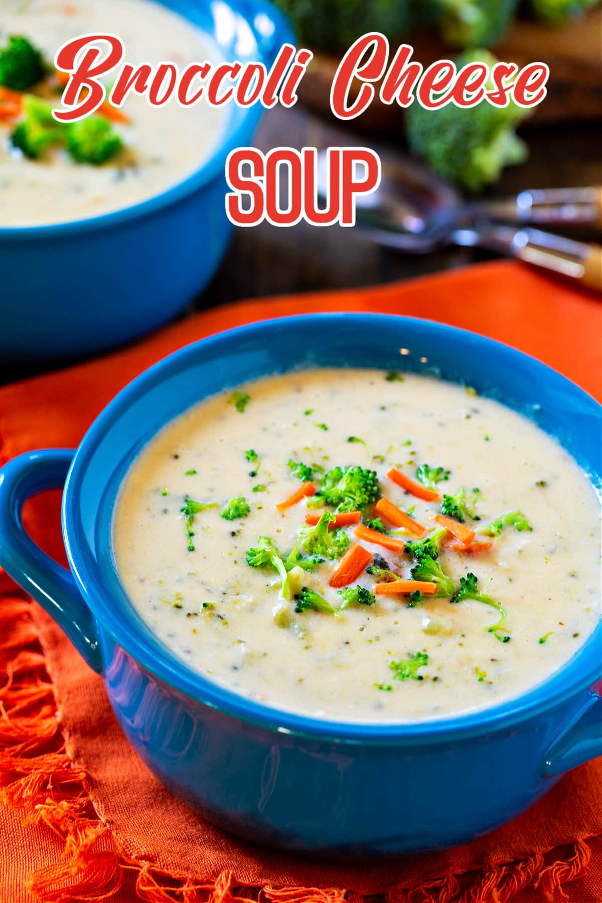 Broccoli Cheese Soup in a soup bowl.