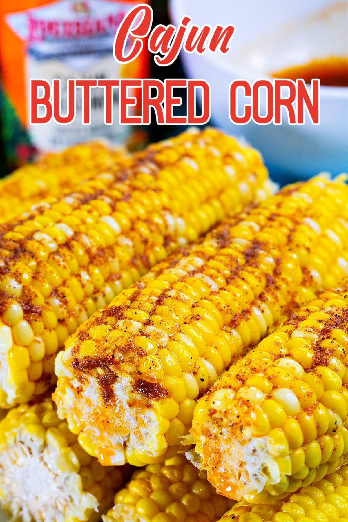 Close-up of cajun corn.
