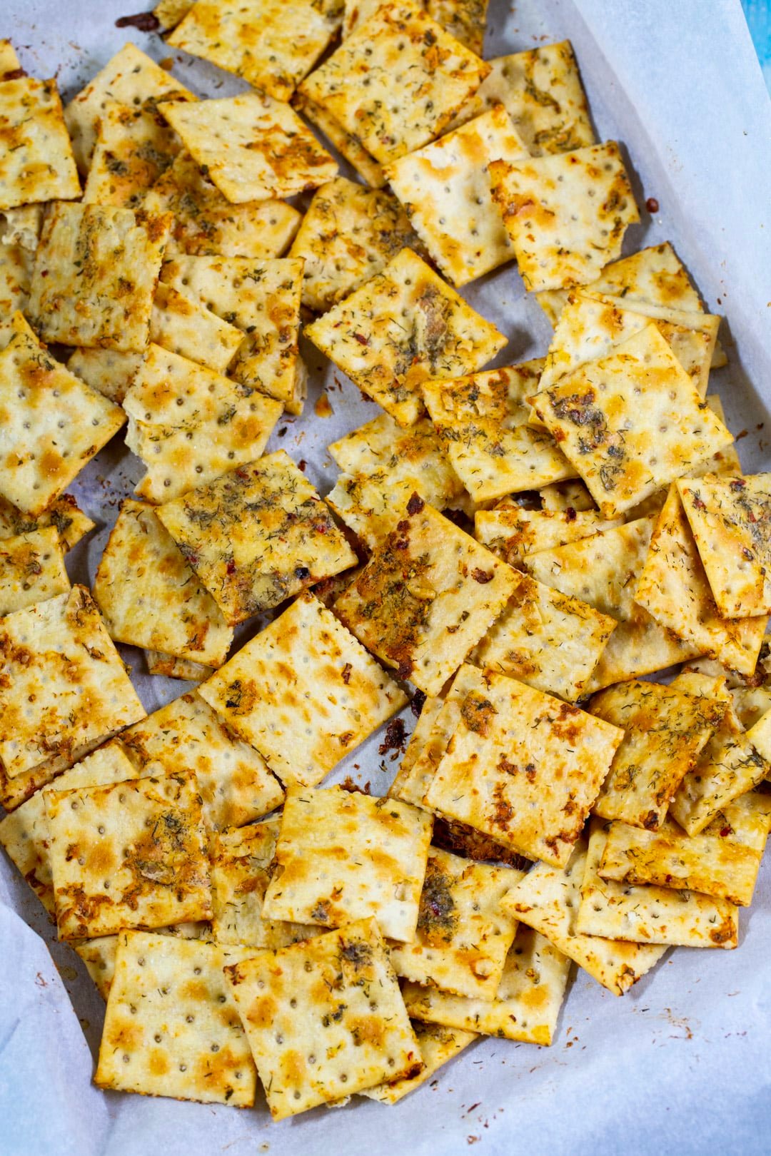 Crackers on a baking sheet.