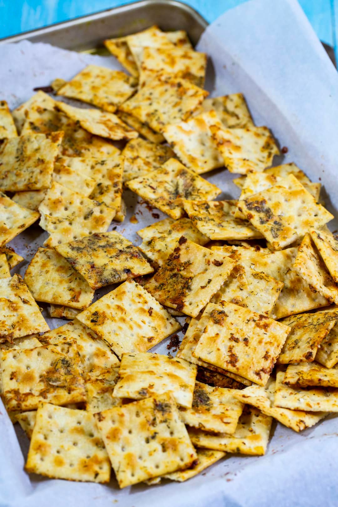 Baked crackers on baking sheet.