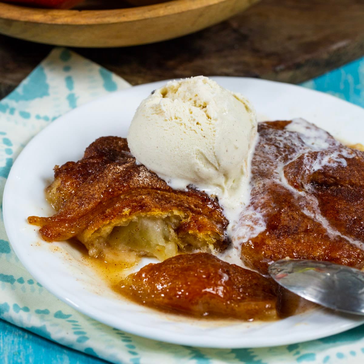 Fireball Apple Dumpling topped with ice cream.