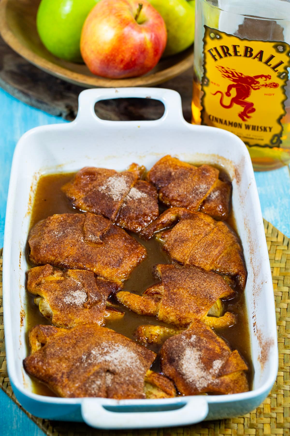 Fireball Apple Dumplings in baking dish.