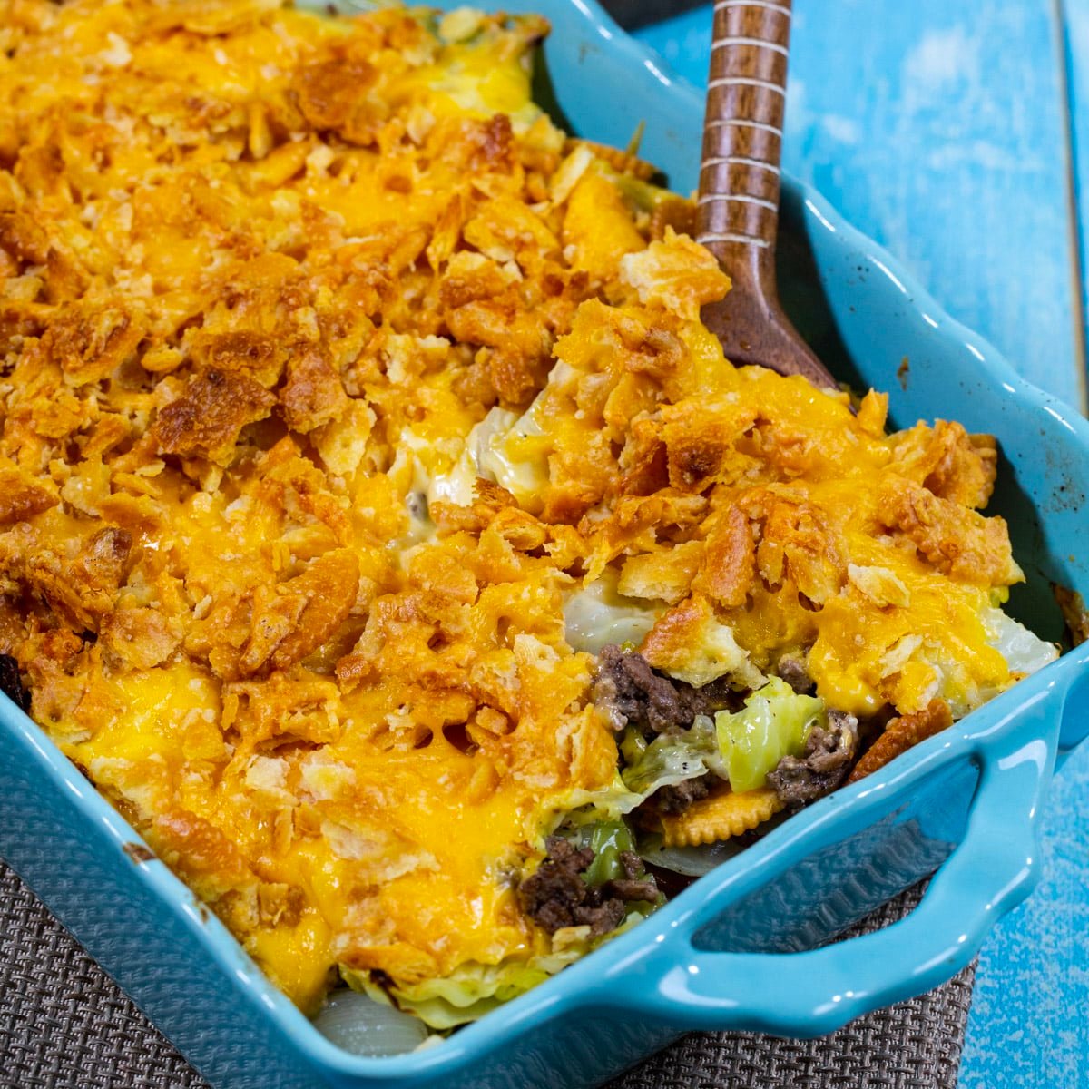 Cabbage Ground Beef Casserole in a baking dish.