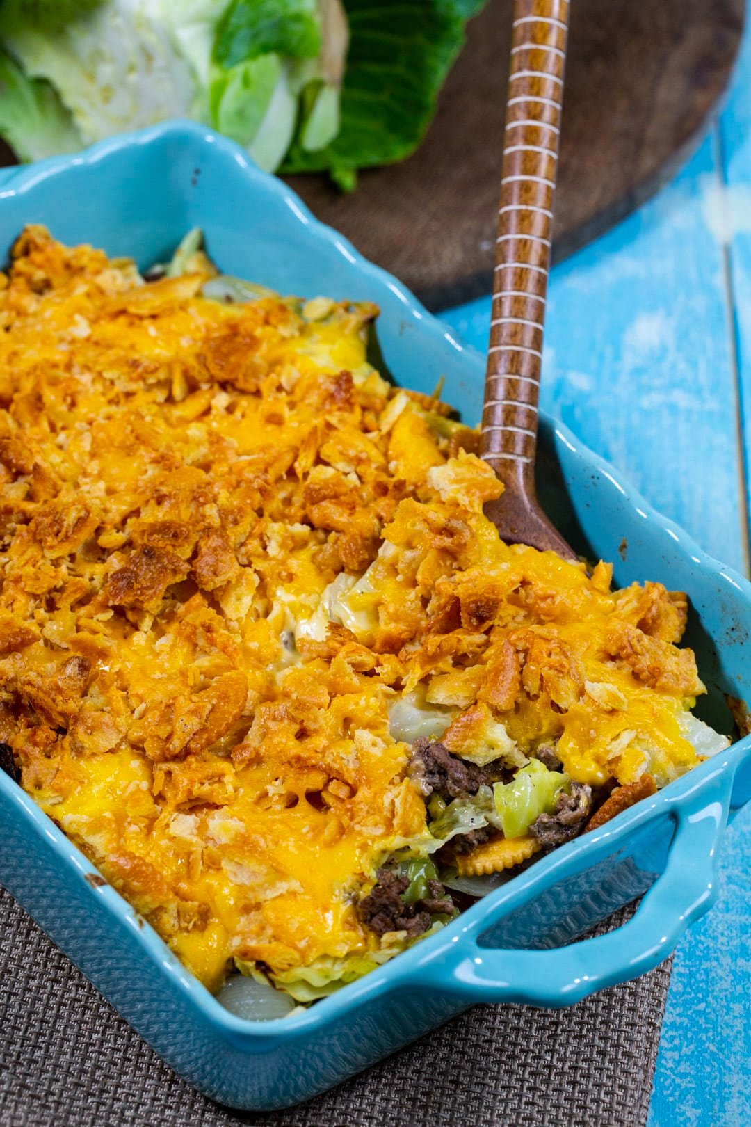 Spoon scooping up Cabbage Ground Beef Casserole.