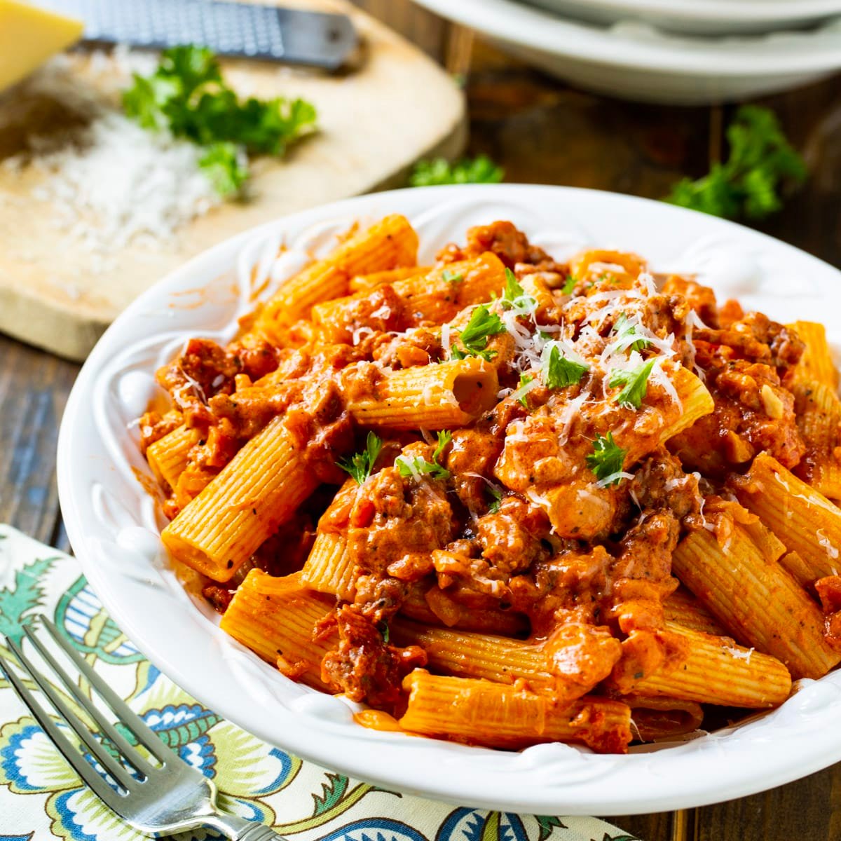 Italian Sausage Rigatoni with Spicy Cream Sauce in a bowl.