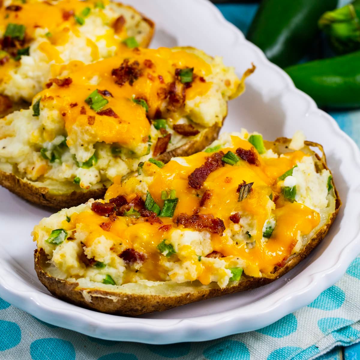 Twice Baked Jalapeno Popper Potatoes on serving plate.