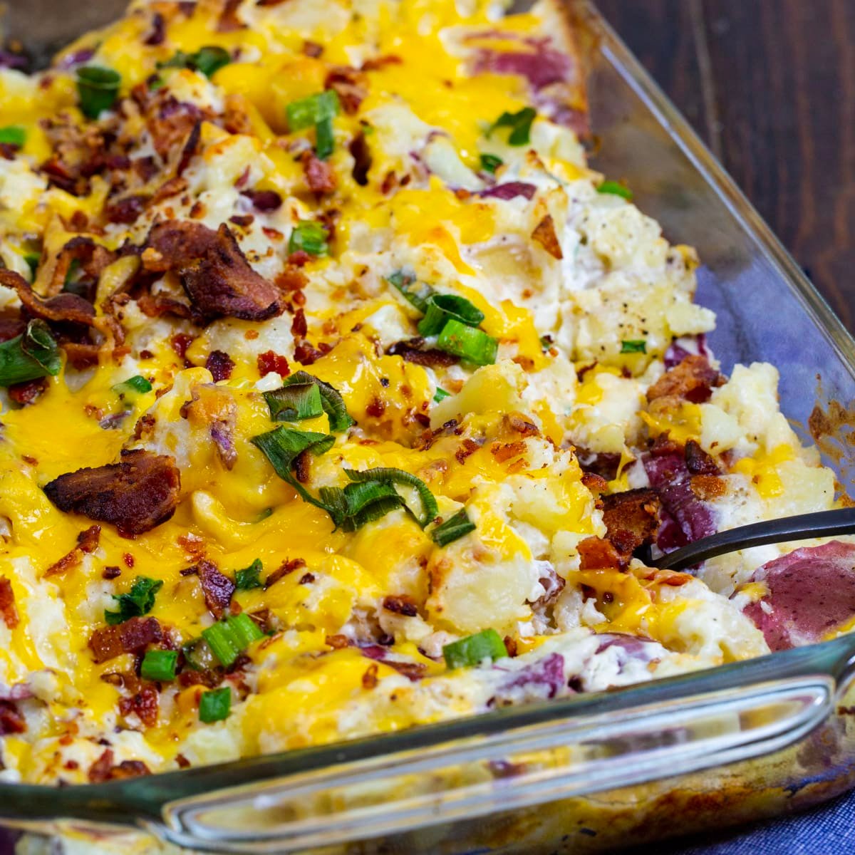 Loaded Smashed Potato Casserole in a baking dish.