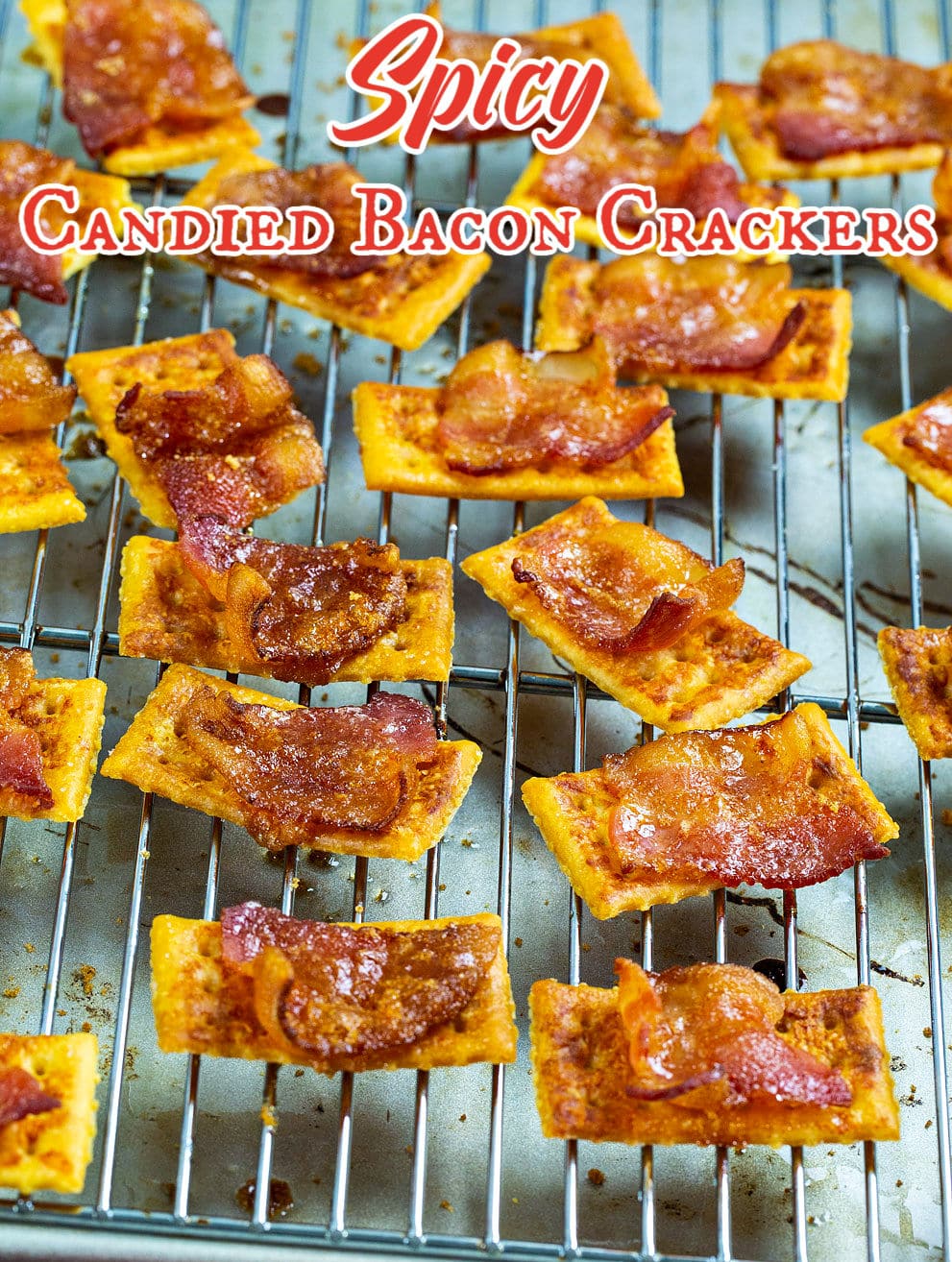Spicy Candied Bacon Crackers on wire rack.
