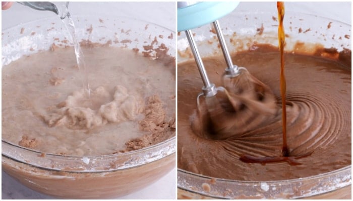 Adding water and vanilla extract.
