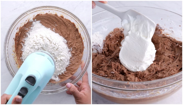 Mixing in flour and sour cream.