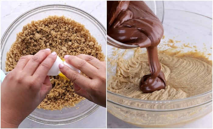 Adding eggs and chocolate.