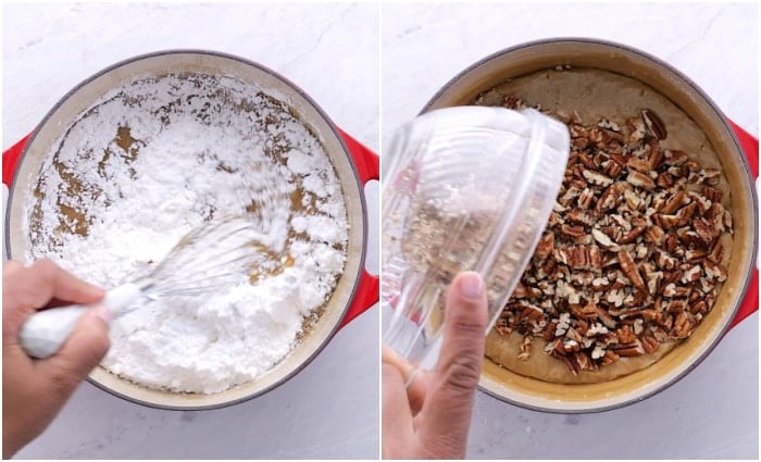 Stirring powdered sugar and pecans into frosting.