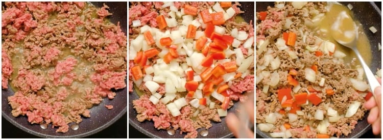 Browning the ground beef with onions and peppers.
