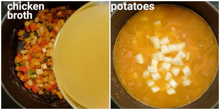 Adding broth and potatoes.