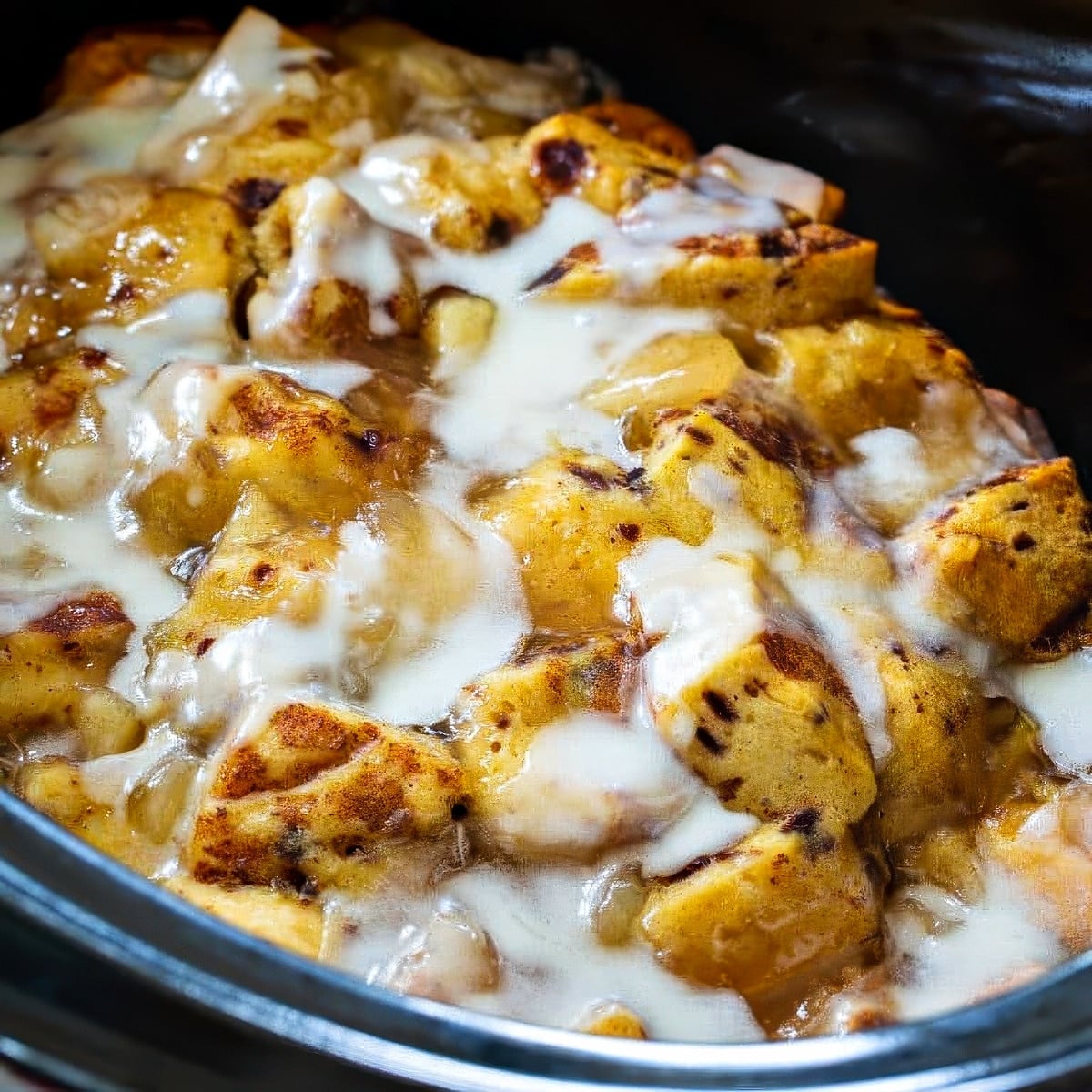 Apple Cinnamon Roll Casserole in a slow cooker.