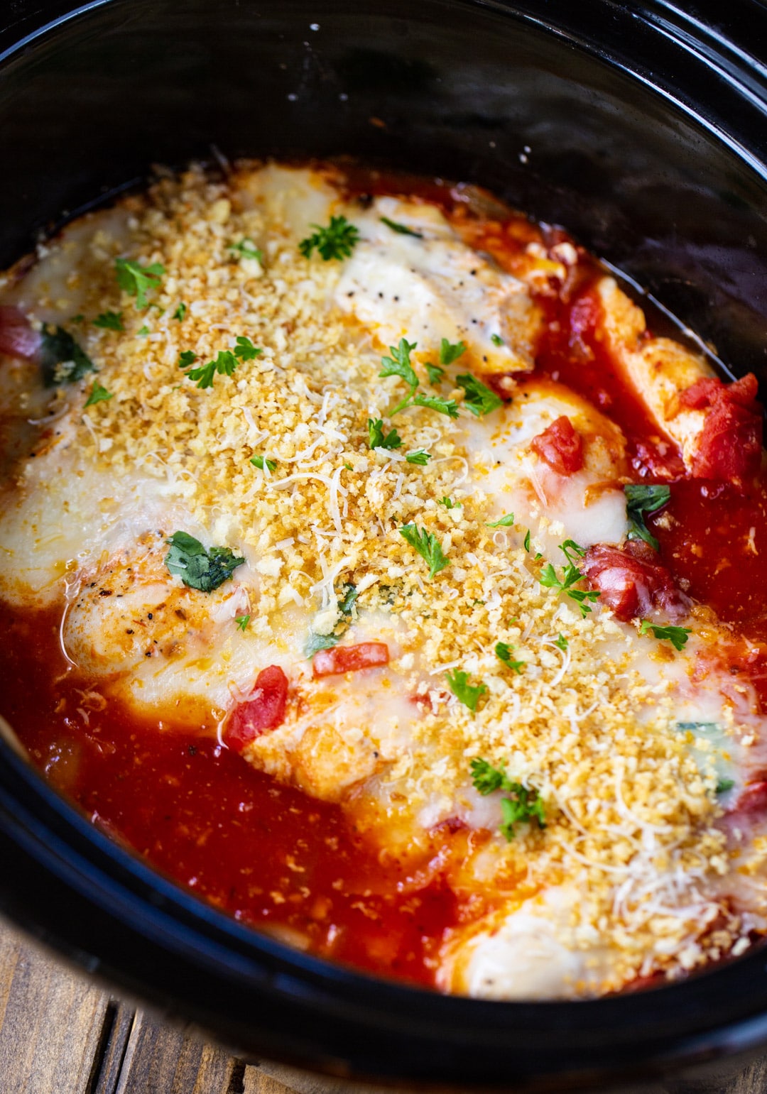 Chicken Parmesan in a slow cooker.