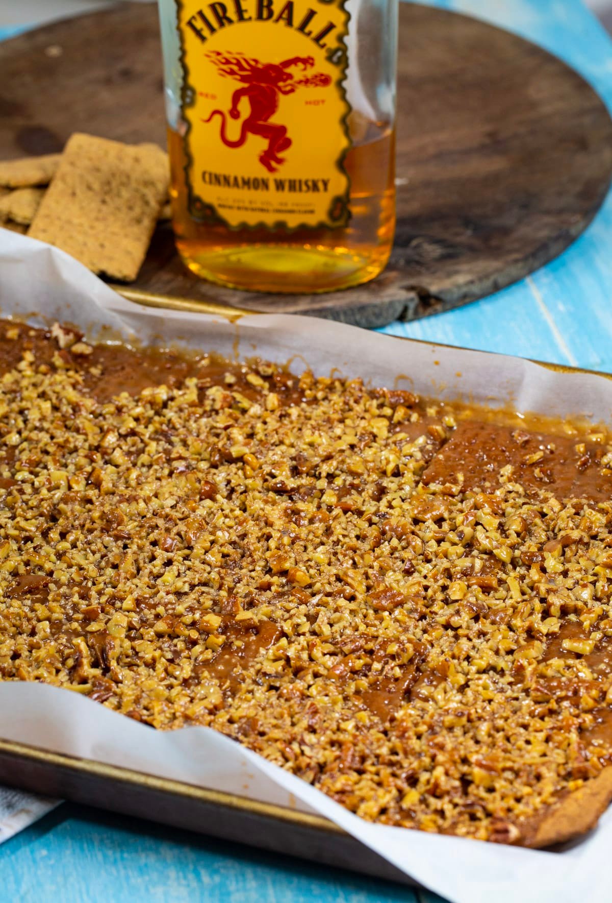 Candy on a rimmed baking sheet just after being removed from oven.